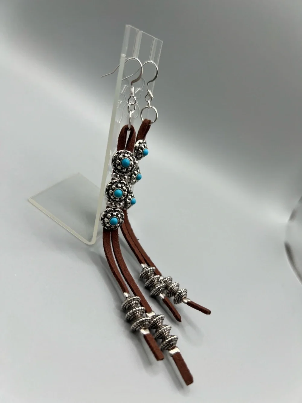 Boho Brown Leather Tassel Earrings with Turquoise Bead - Handmade #E0199C - Picture 3 of 4